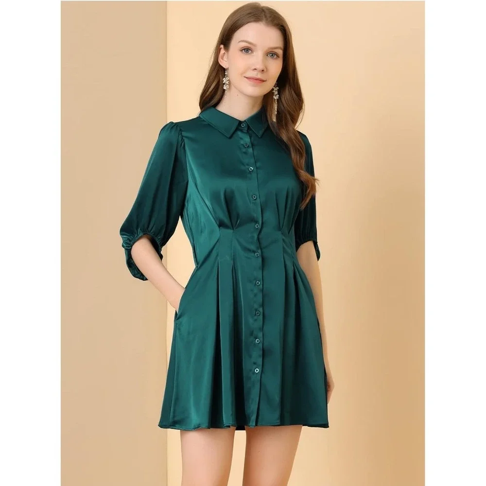 Emerald‎ Green Satin Shirt Dress Puff Sleeve Tie Waist Fit Flare Mini